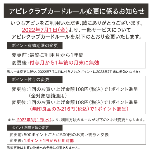 アピレクラブカードルール変更に係るお知らせ